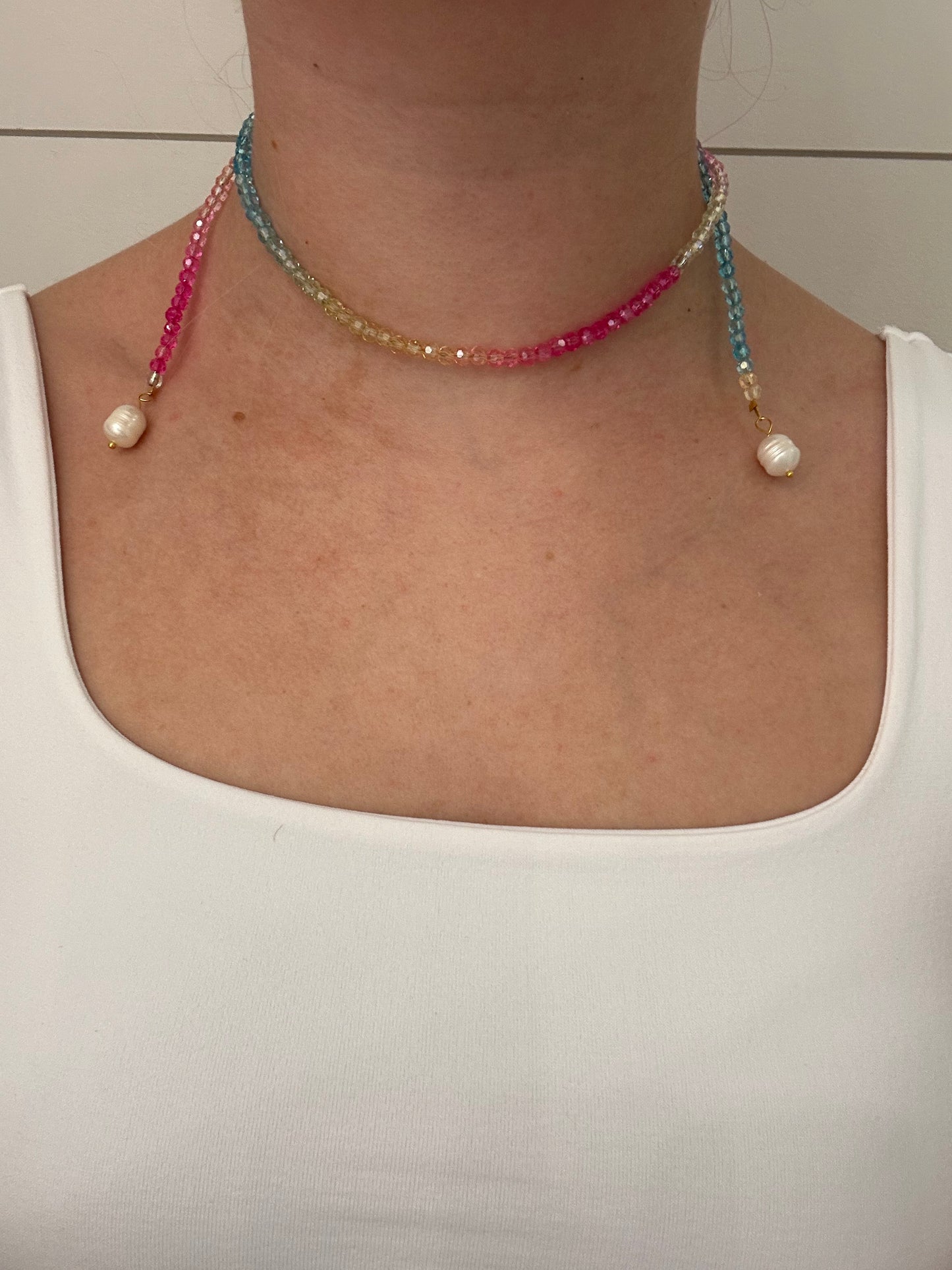Rainbow Beaded Pearl Wrap Necklace