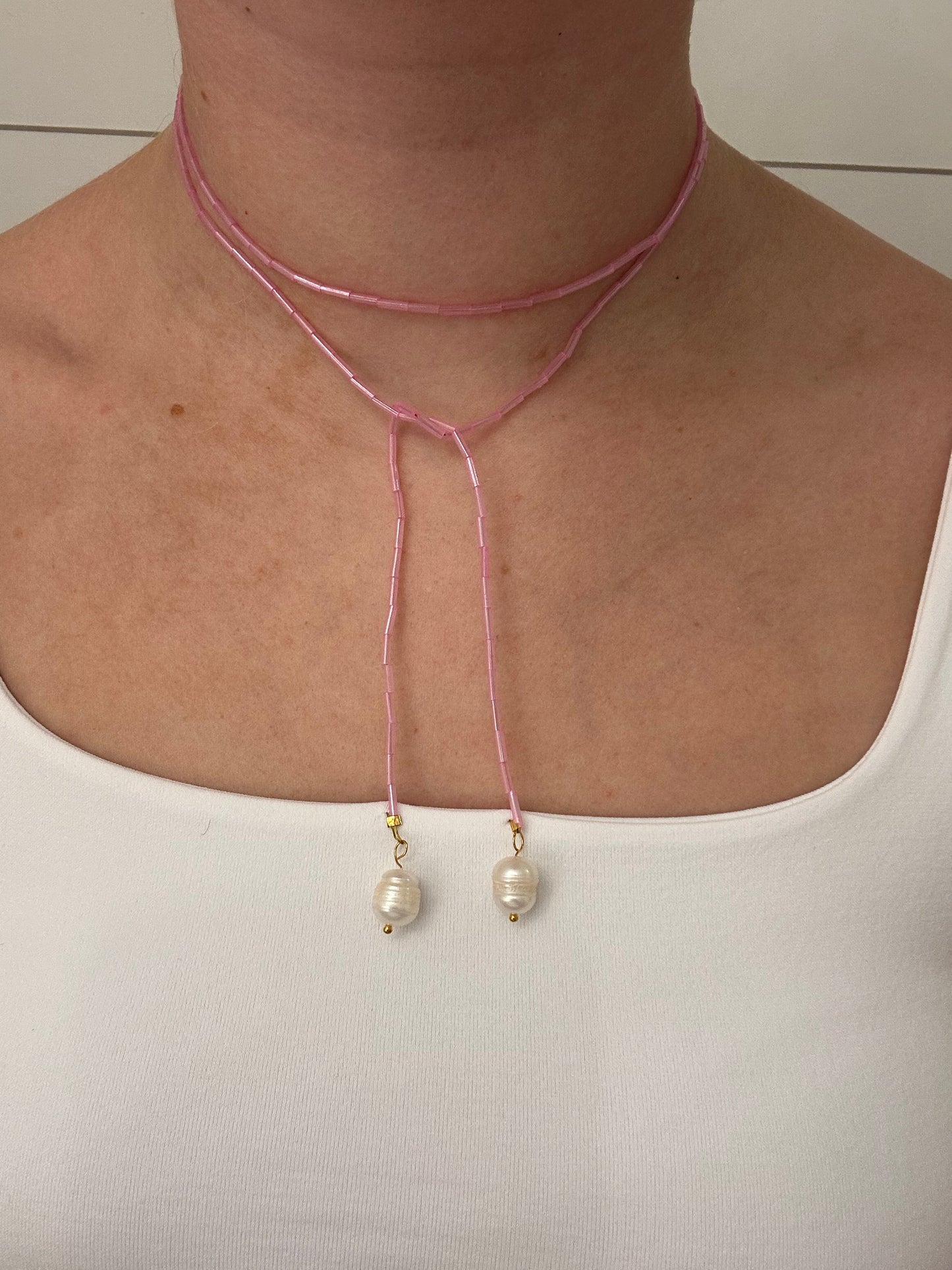 Pink Wrap Beaded Necklace with Pearls Attatched