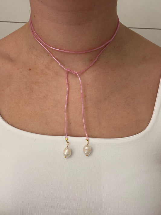 Pink Wrap Beaded Necklace with Pearls Attatched