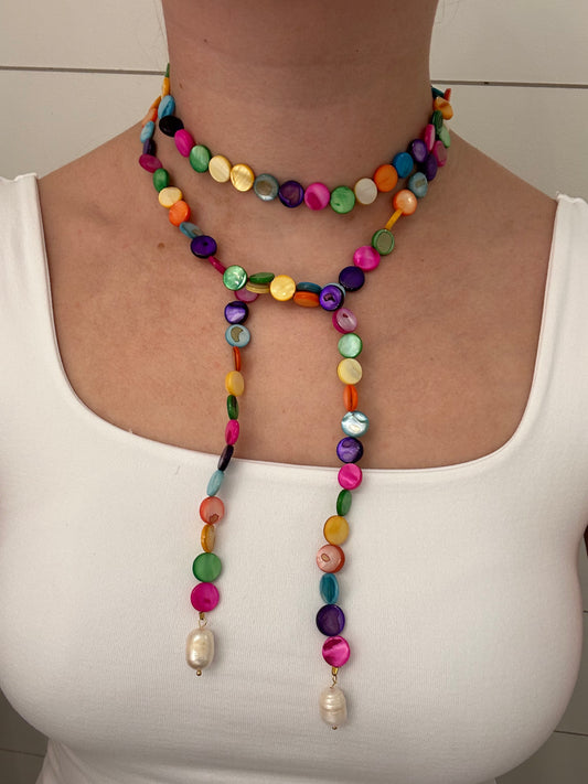Multicolor Long  Flat Beaded Wrap Necklace with Pearls Attached