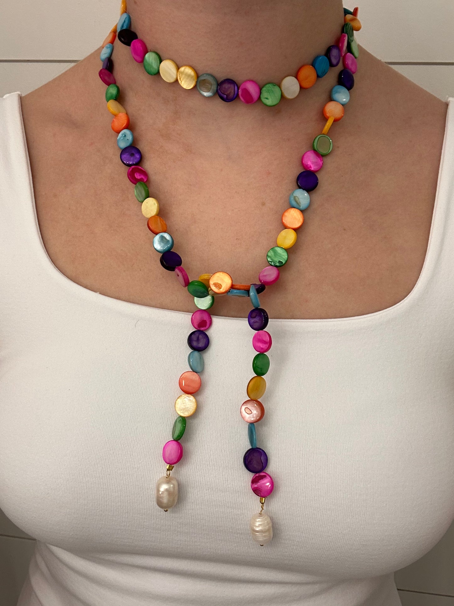 Multicolor Long  Flat Beaded Wrap Necklace with Pearls Attached