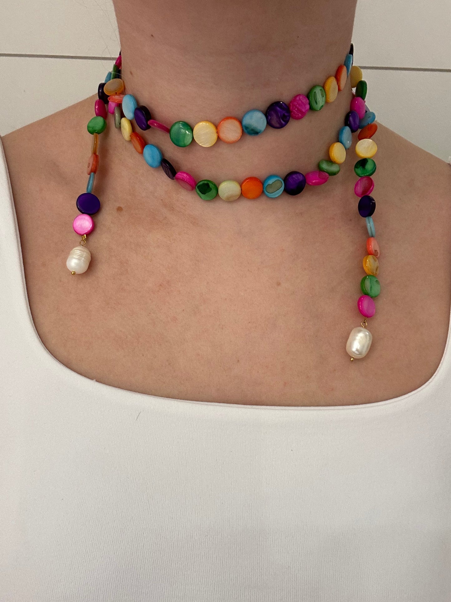 Multicolor Long  Flat Beaded Wrap Necklace with Pearls Attached