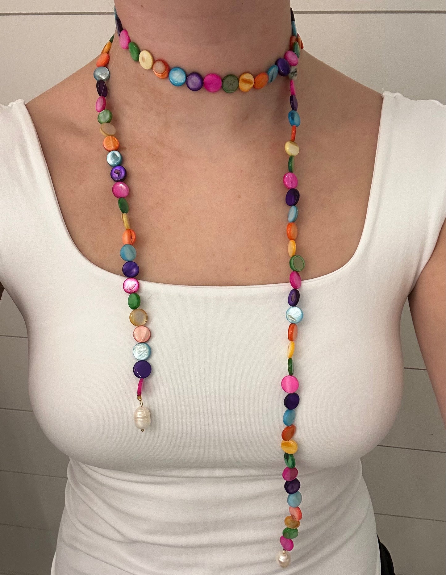 Multicolor Long  Flat Beaded Wrap Necklace with Pearls Attached