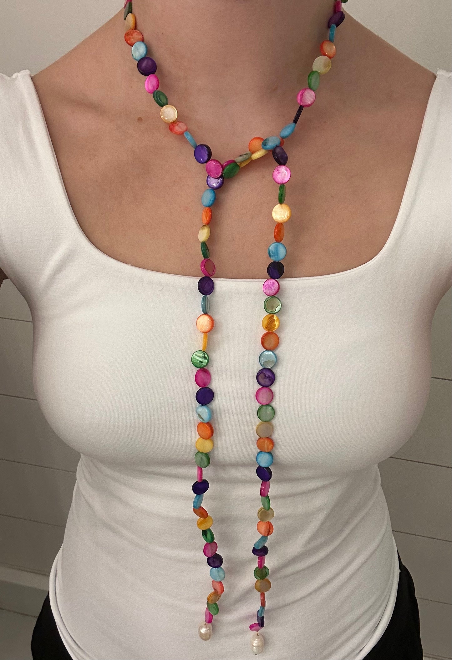 Multicolor Long  Flat Beaded Wrap Necklace with Pearls Attached