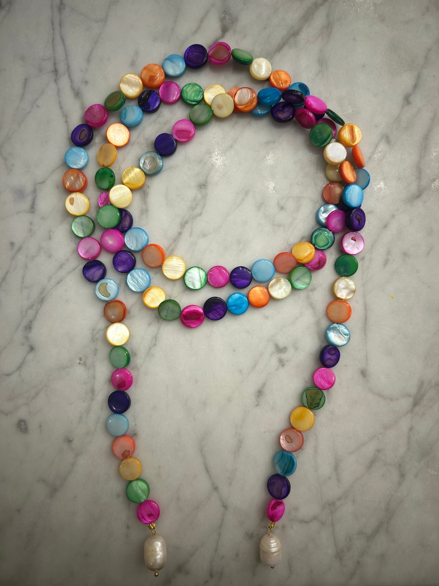Multicolor Long  Flat Beaded Wrap Necklace with Pearls Attached