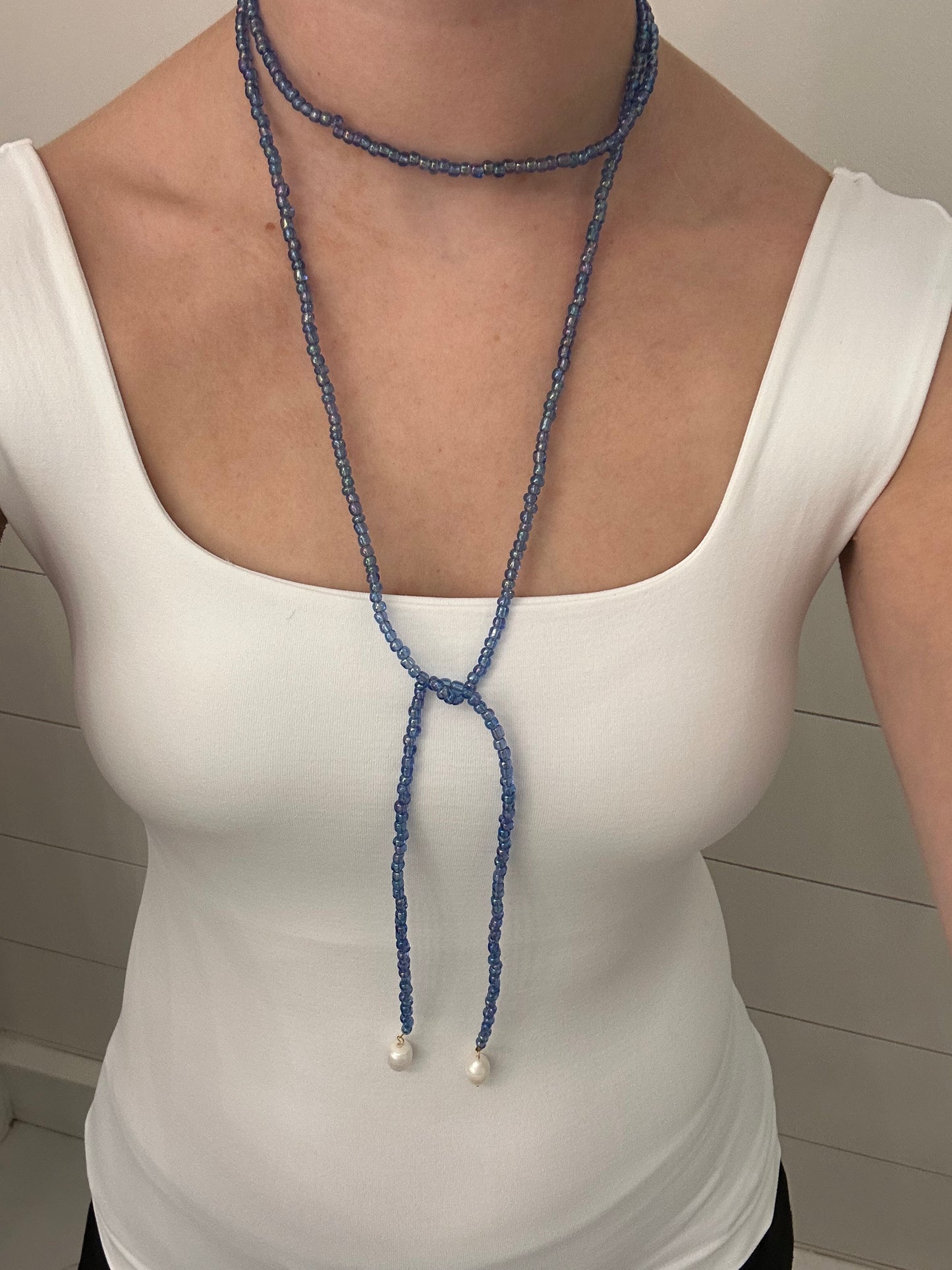 Royal Blue Glass Sea Bead Wrap Necklace with Pearls