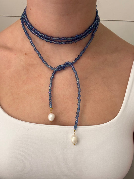 Royal Blue Glass Sea Bead Wrap Necklace with Pearls